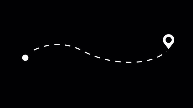 Travel route path animation with destination location pin, dotted navigation line journey tracker, map route reveal for GPS navigation, alpha channel transparent background