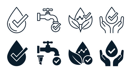Fototapeta premium Water supply and eco-friendly plumbing icon collection for resource management with checkmark verified approved