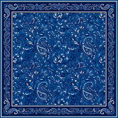 A classic blue bandana pattern with intricate floral paisley motifs © Karet