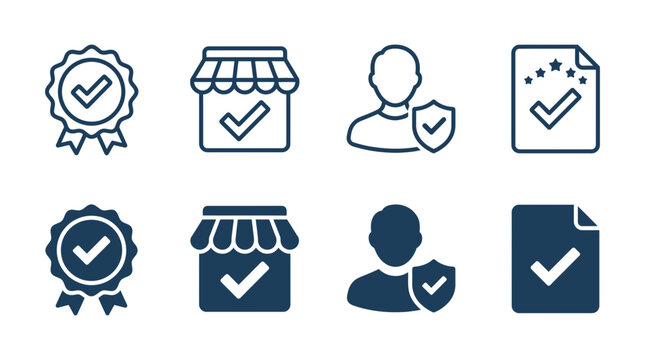 Business verification and store approval icon set for user interface design with verification document approval