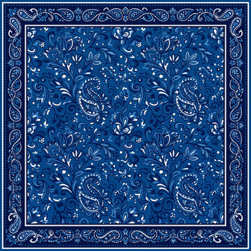 A classic blue bandana pattern with intricate floral paisley motifs