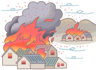 火災事故のイラスト - 火事・大規模火災・火の粉・飛び火 © T-KONI