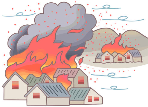 火災事故のイラスト - 火事・大規模火災・火の粉・飛び火
