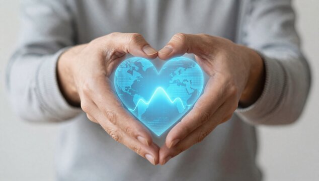 Hands forming a heart shape around a glowing earth hologram with a pulse line