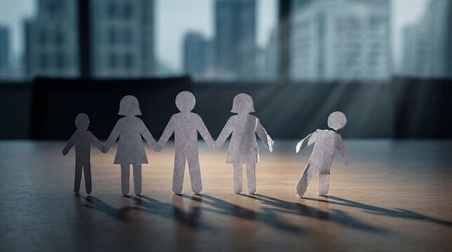 A paper-cut family with one member falling behind, set against a backdrop of city buildings. The image evokes feelings of exclusion and societal pressure
