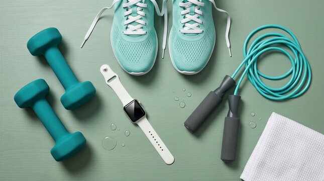 Top view of fitness equipment including teal dumbbells, running shoes, a smartwatch, and a jump rope arranged on a light green surface with water droplets.