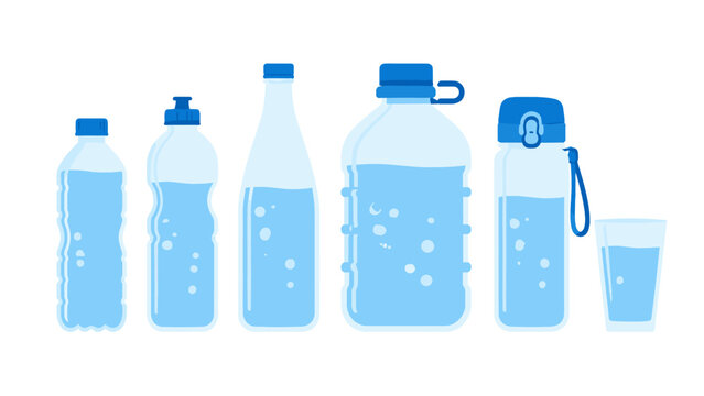 Set of blue water bottles and drinking glass vector illustration