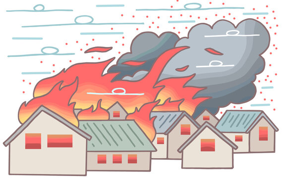 火災事故のイラスト - 火事・強風・火の粉・延焼