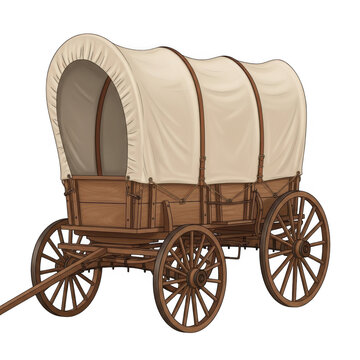 Vintage covered wagon with wooden wheels isolated on transparent background