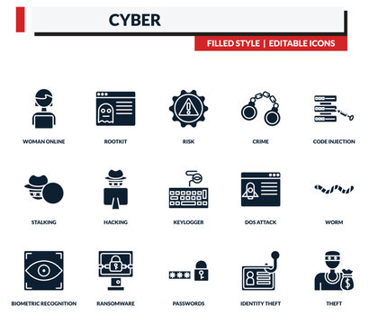 filled cyber icons set - rootkit, risk, crime, code injection. editable vector for web and mobile ui