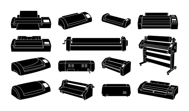 Large Format Printer And Cutting Plotter Silhouette Icon Set Featuring Professional Digital Printing Equipment And Technical Signage Machinery
