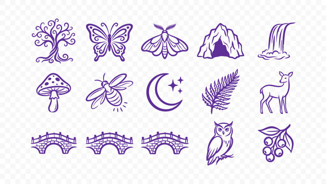 forest wildlife nature deer owl waterfall mountain adventure trees ecology doodle handmade ink scribble flat line art vector illustration icon bundle set calligraphy drawing design