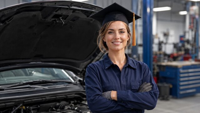 Young female mechanic wearing a graduation cap smiles confidently in an automotive repair shop with her arms crossed.