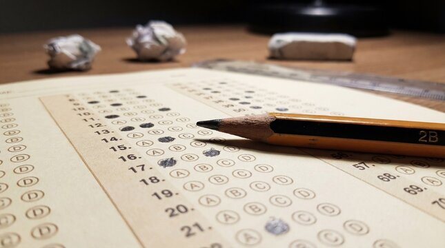 Close-up of a test paper with a pencil on it, ready for a student to fill in the answers. Crumpled papers and an eraser are nearby, suggesting a study or exam setting.