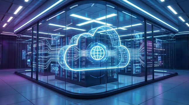 Futuristic cloud computing data center with glowing neon servers and a digital cloud graphic