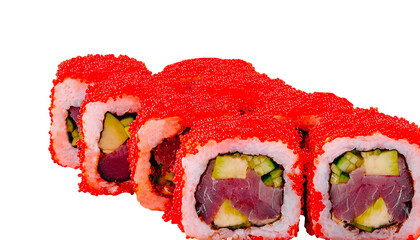 California uramaki sushi rolls with red tobiko caviar presenting ingredients on white background © AntAlexStudio