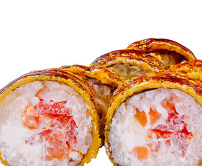 Tempura maki sushi rolls showing salmon and cream cheese filling on white background © AntAlexStudio