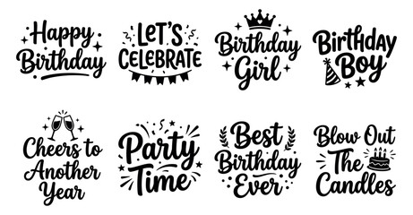 Fototapeta premium Set of black birthday greeting typography quotes and celebration badge elements for party design projects Minimal Typography text bundle collection. Editable Vector Illustration Mega pack