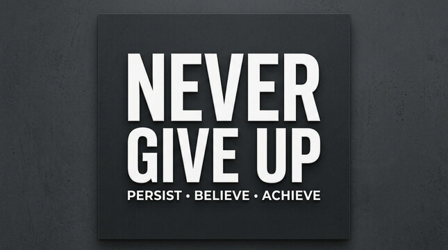 Square motivational poster featuring bold typography with the phrase 'Never Give Up' and supporting text on a dark background.