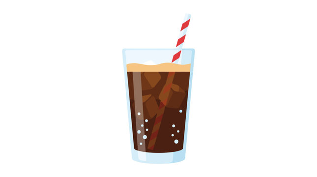 Refreshing cola drink with ice cubes and a striped straw in a clear glass