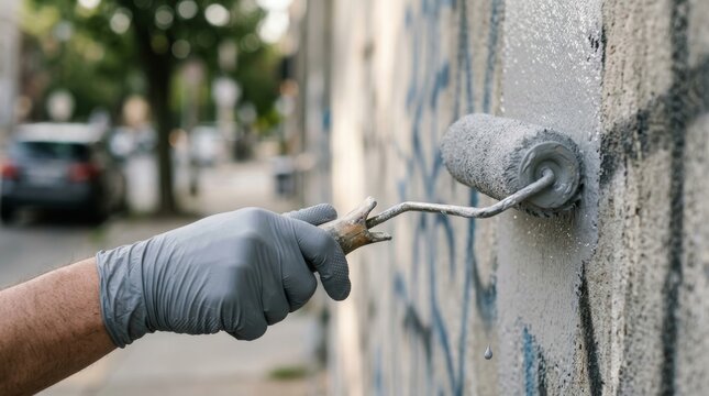 Gloved hand painting graffiti over wall with roller on urban street