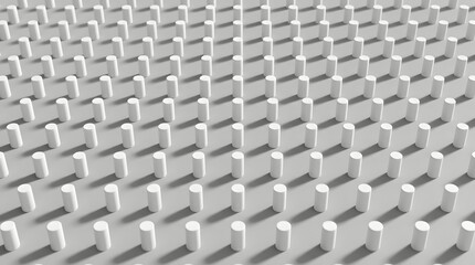 Fototapeta premium A perfectly aligned pattern of white cylindrical pillars creates a minimalist geometric composition with sharp shadows on a grey surface