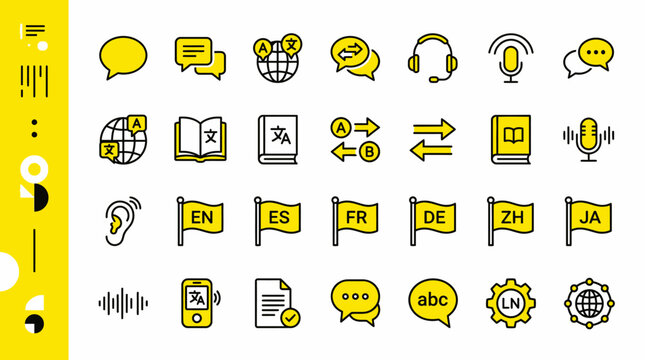 Language Translation Icon Set featuring yellow and black line art symbols for communication and linguistics. Ideal for educational apps and international business websites.