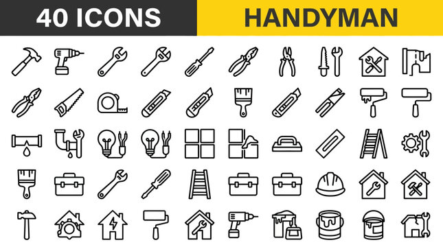 Handyman Tool Icon Set featuring 40 black line vector icons on white background, ideal for construction websites, home repair apps, and DIY project manuals.