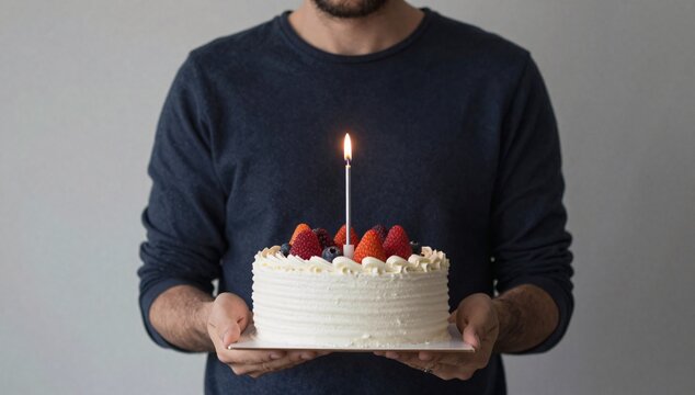 Person presents a cake with berries and a candle in a soft, diffused light setting