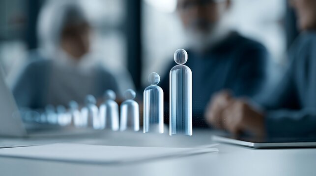 Abstract demographic figures increasing in size during a policy meeting, suitable for population aging, demographic change, retirement age reform, workforce planning and social policy
