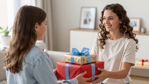 Young woman receives stack of wrapped gifts from a friend at home