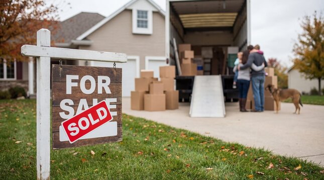 A couple and their dog stand by a moving truck filled with boxes, in front of their house with a For Sale sign. This scene captures the essence of moving to a new home and starting a new chapter