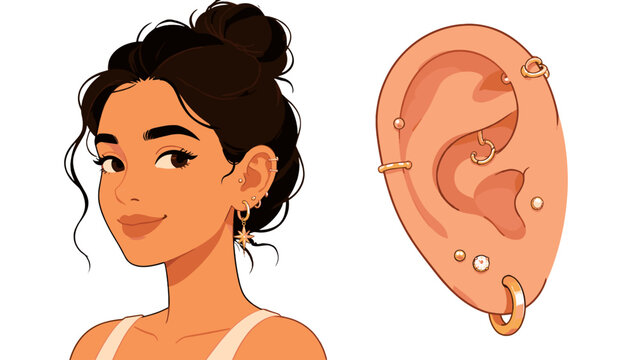 Vector illustration of woman portrait and ear with piercings