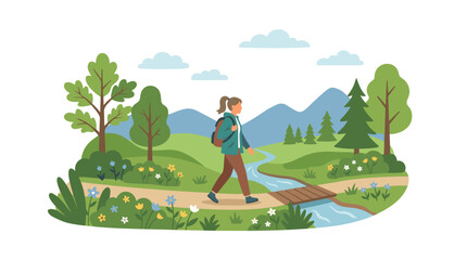 Fototapeta premium Woman hiking on a scenic trail through a lush green landscape with mountains and a stream