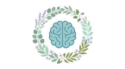 Obraz premium Brain surrounded by a floral wreath representing mental wellness and growth