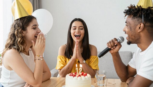 Friends celebrating twelfth birthday with cake and microphone at indoor gathering