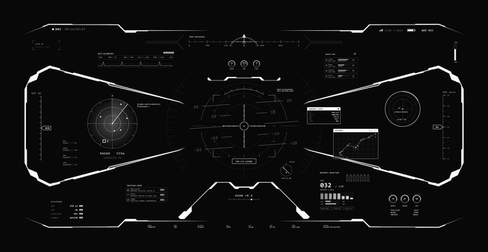 HUD helmet vision. Сontrol of a futuristic drone, jett, ship with Sci-fi HUD with military UI, targeting reticle, navigation, telemetry, tactical data. Sci-fi GUI cockpit view. Vector gaming interface