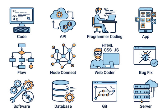 Illustration of software development concepts including coding, data