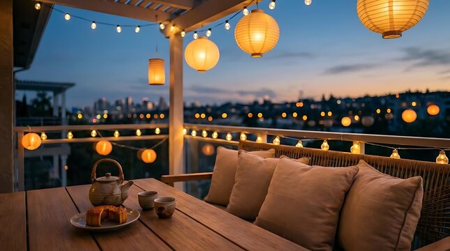 Outdoor balcony evening ambiance with string lights and cushions