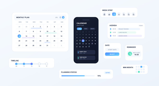 Calendar Planning Interface Elements and Mobile App Screen. Modern calendar and planning UI collection featuring monthly views, agenda, week strip, timeline. Vector UI, UX components for mobile app