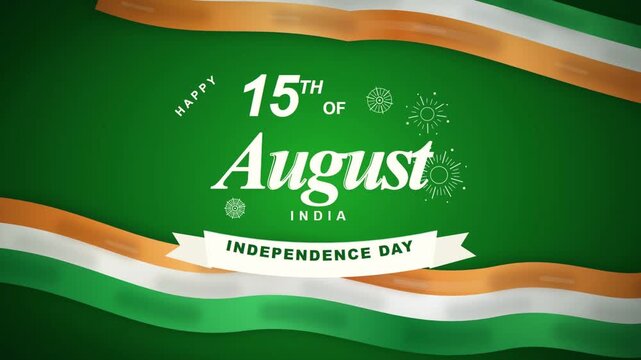 Happy India independence day 15 August greeting with flowing tricolor flag ribbons