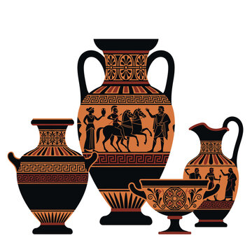 Collection of ancient Greek red-figure pottery vessels with mythological scenes