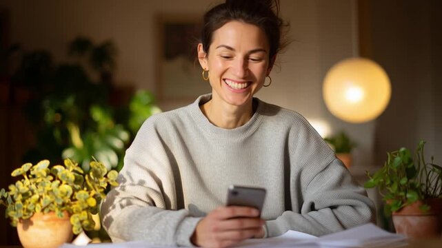 A woman sits at a table using her smartphone. She appears focused as she looks at the screen. Green plants decorate the space, adding a fresh touch. Warm light fills the room.