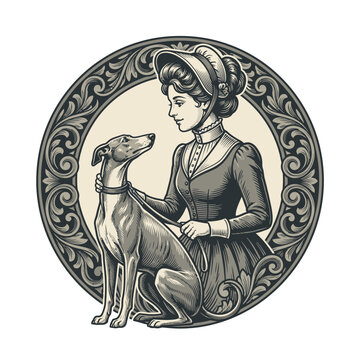 A vintage illustration depicts a woman with her elegant greyhound companion