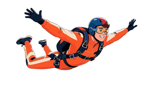 Skydiver in orange jumpsuit flying in freefall pose