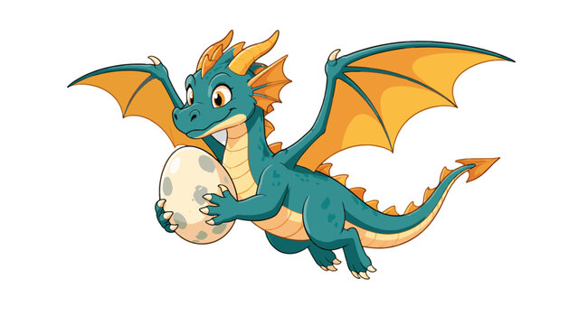 Cute blue dragon holding a spotted egg cartoon illustration