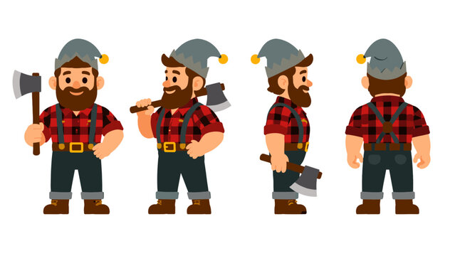 Cartoon lumberjack character turnaround with axe in four views