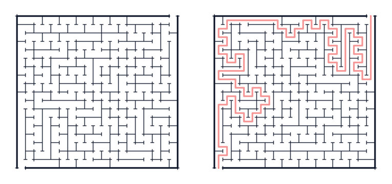 Hard square maze with dark blue frame and red line solution, classic orthogonal labyrinth with open entrance and exit gaps without markers, logic puzzle for activity books