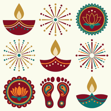 Collection of colorful Diwali festival vector icons on a light background