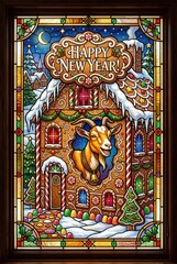 Fototapeta premium Colorful illustration of a gingerbread house with a goat's head, celebrating Chinese New Year. Winter scene with festive decorations and a cheerful greeting.